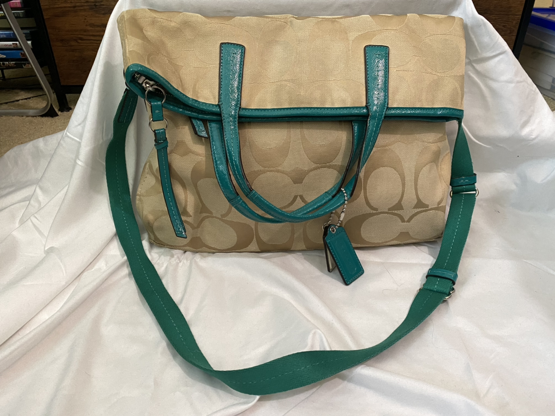 COACH Signature Stripe Foldover Tote - Khaki & Green - photo 4