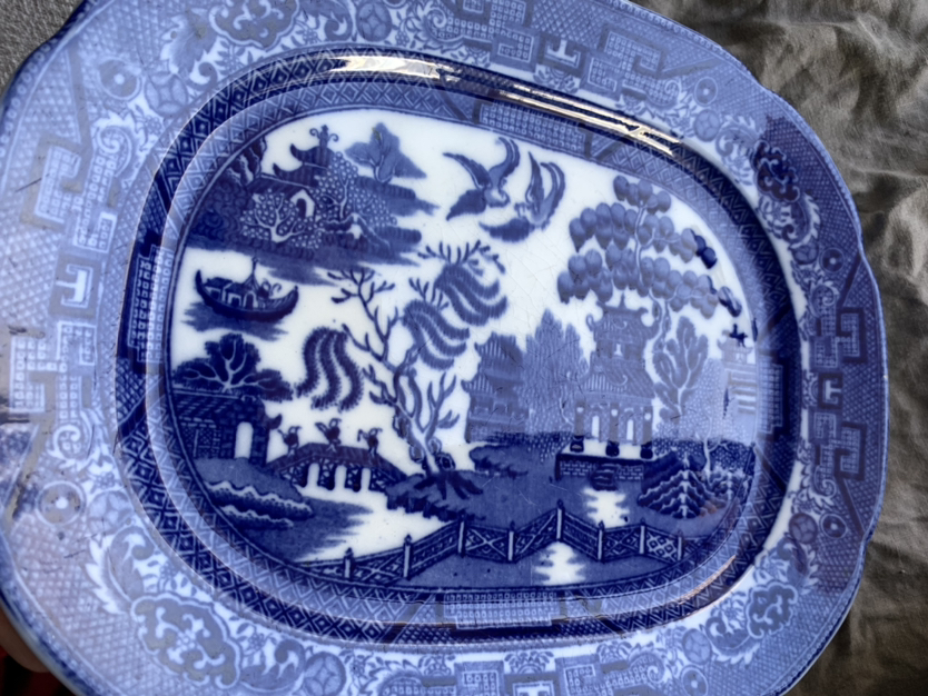 Antique 1830's Blue Willow Porcelain Platter From England image indicator(6)