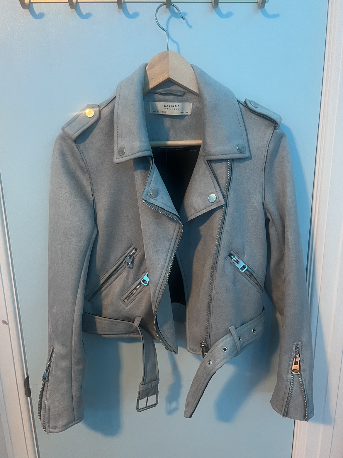 light blue faux suede texture moto style jacket image indicator(5)