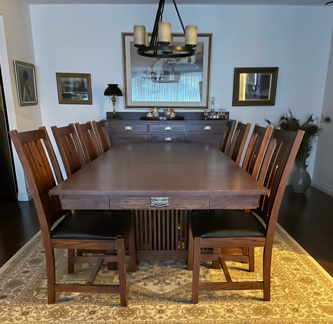 Solid wood dining table and chairs with leather seats and buffet thumbnail