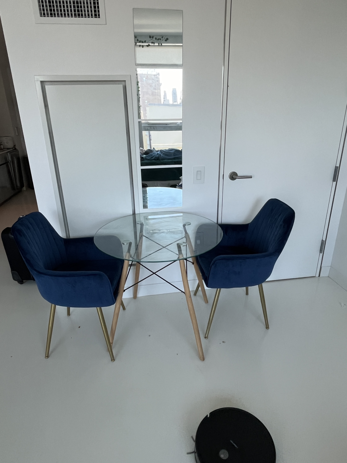 Round Glass Dining Table + 2 Ascent Arm Chairs