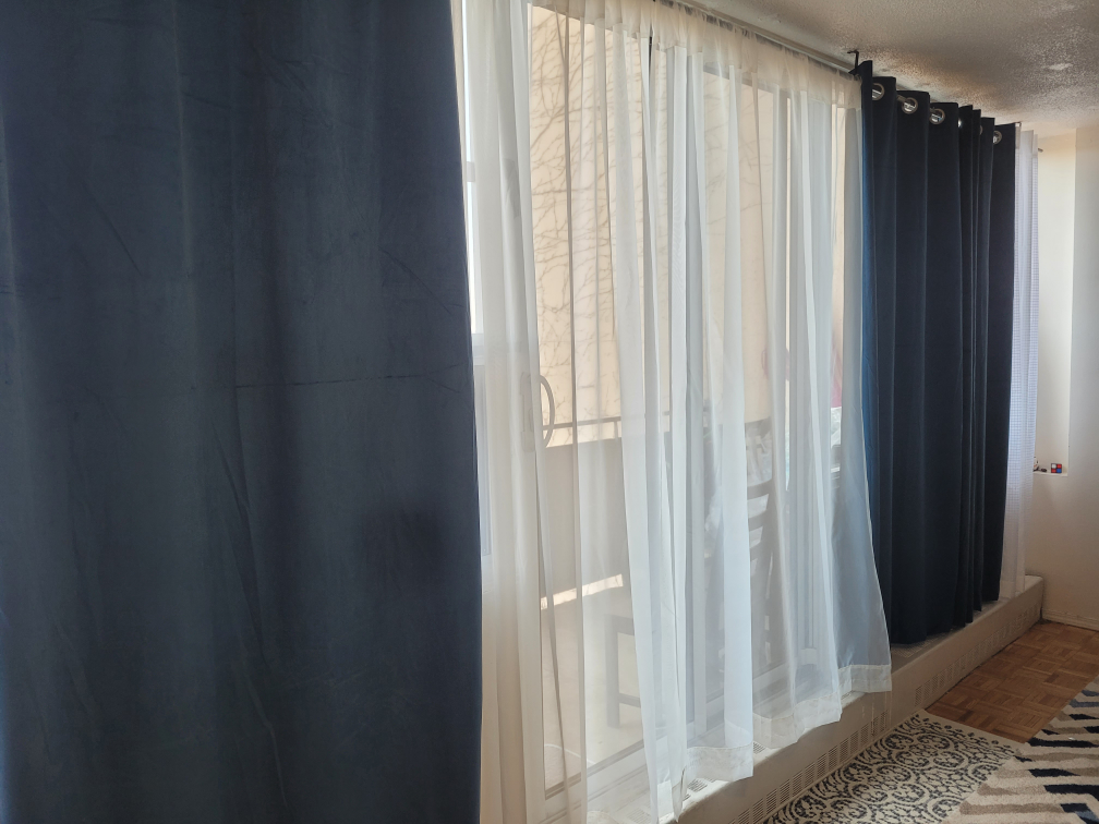 3 blue curtains with 5 white curtains used only 2 months. thumbnail