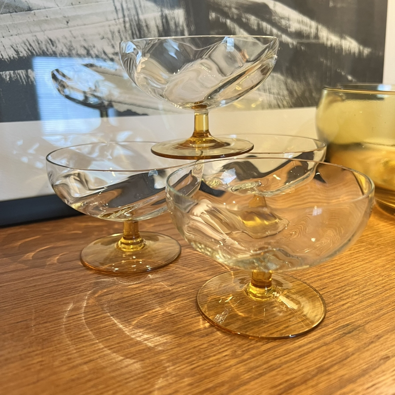 1960’s Amber Glass Bowl & Champagne Coupe Glass Set - photo 5