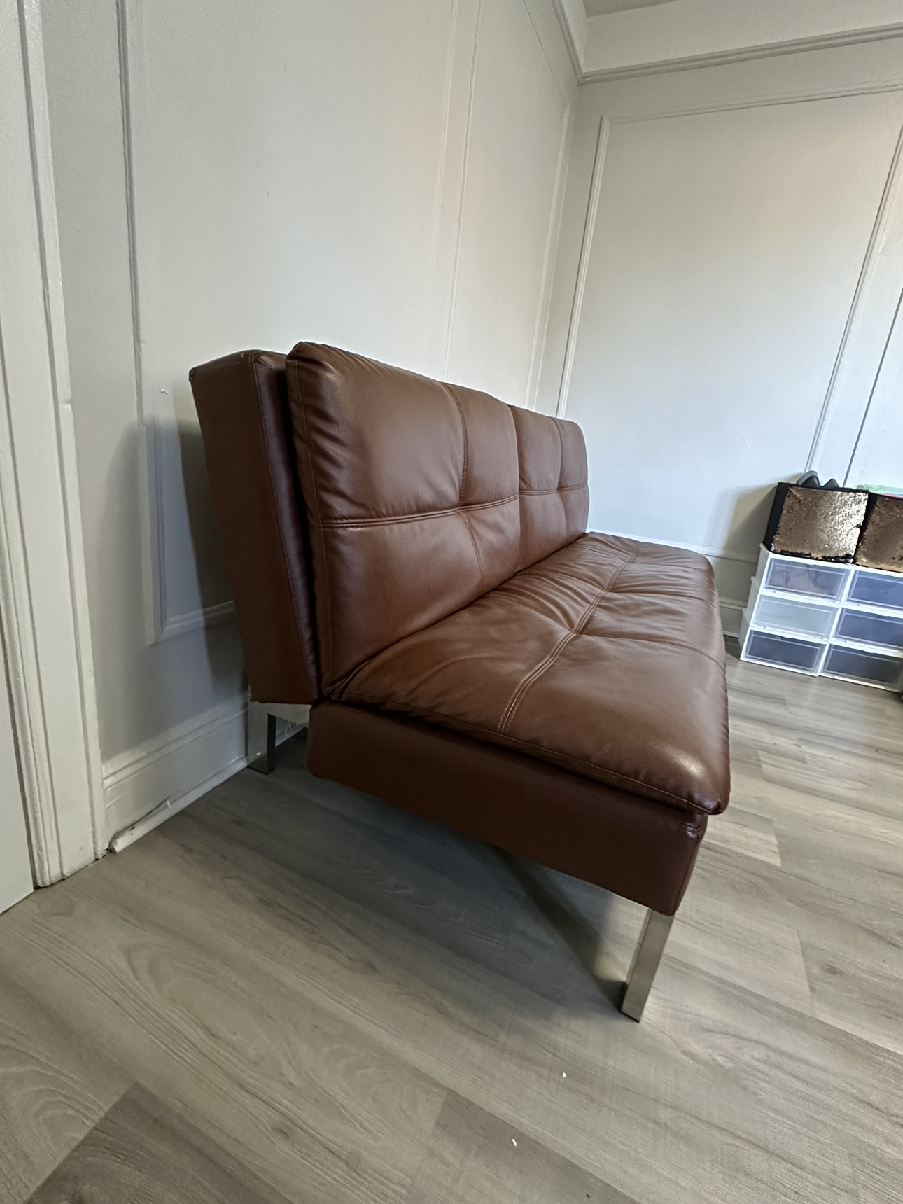 Moving sale: Brown Faux Leather Futon Convertible Sofa - photo 3