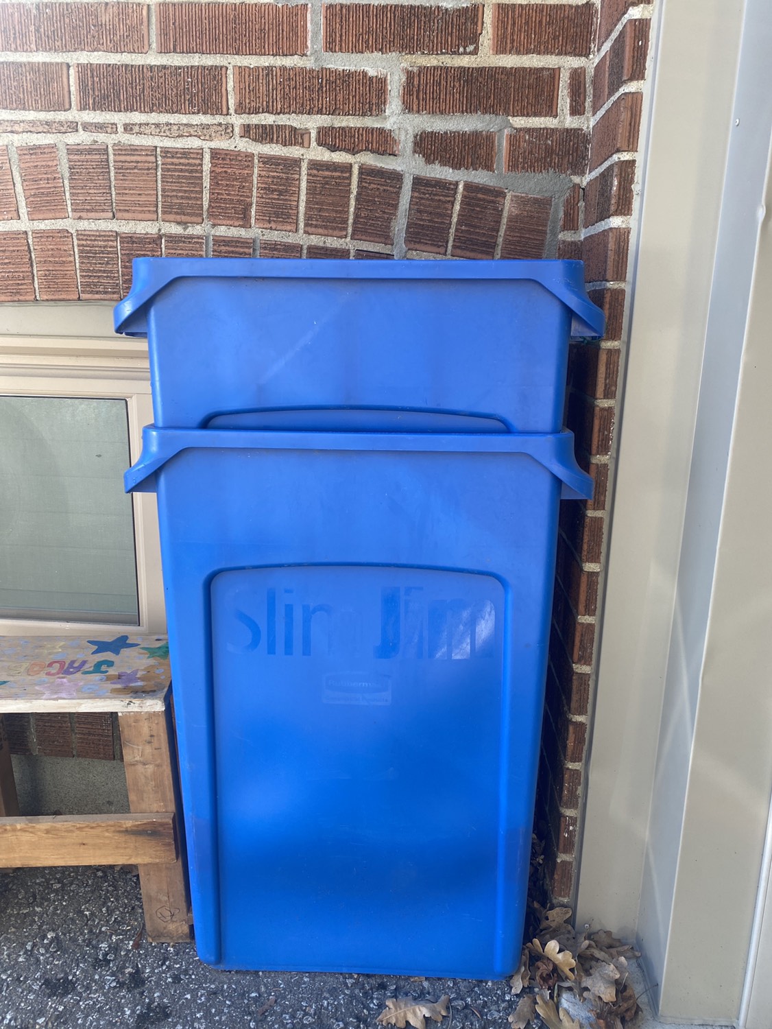 2 Rubbermaid Blue Slim Jim recycle bins