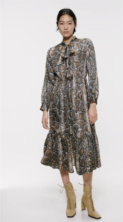 NEW ZARA Snakeskin Print Ruffled Neck Midi Dress size M. thumbnail