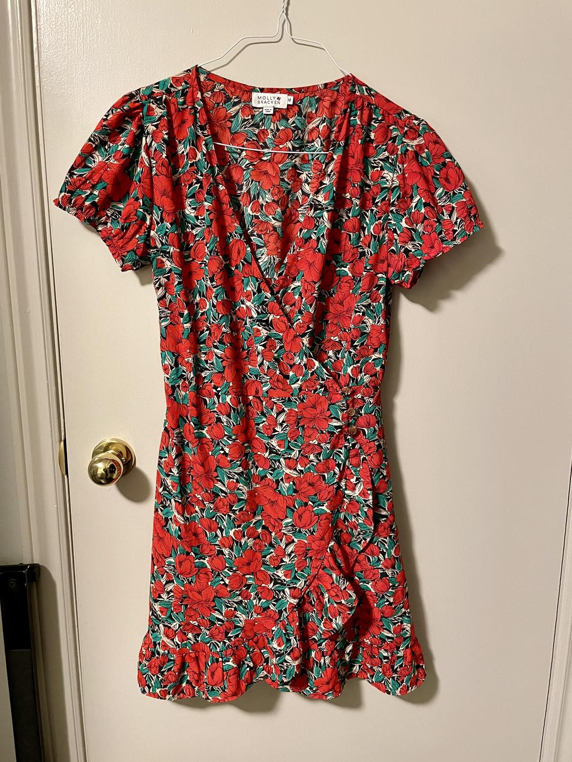 Red Floral Summer Wrap Mini Dress, A-line, Medium, Molly Bracken thumbnail