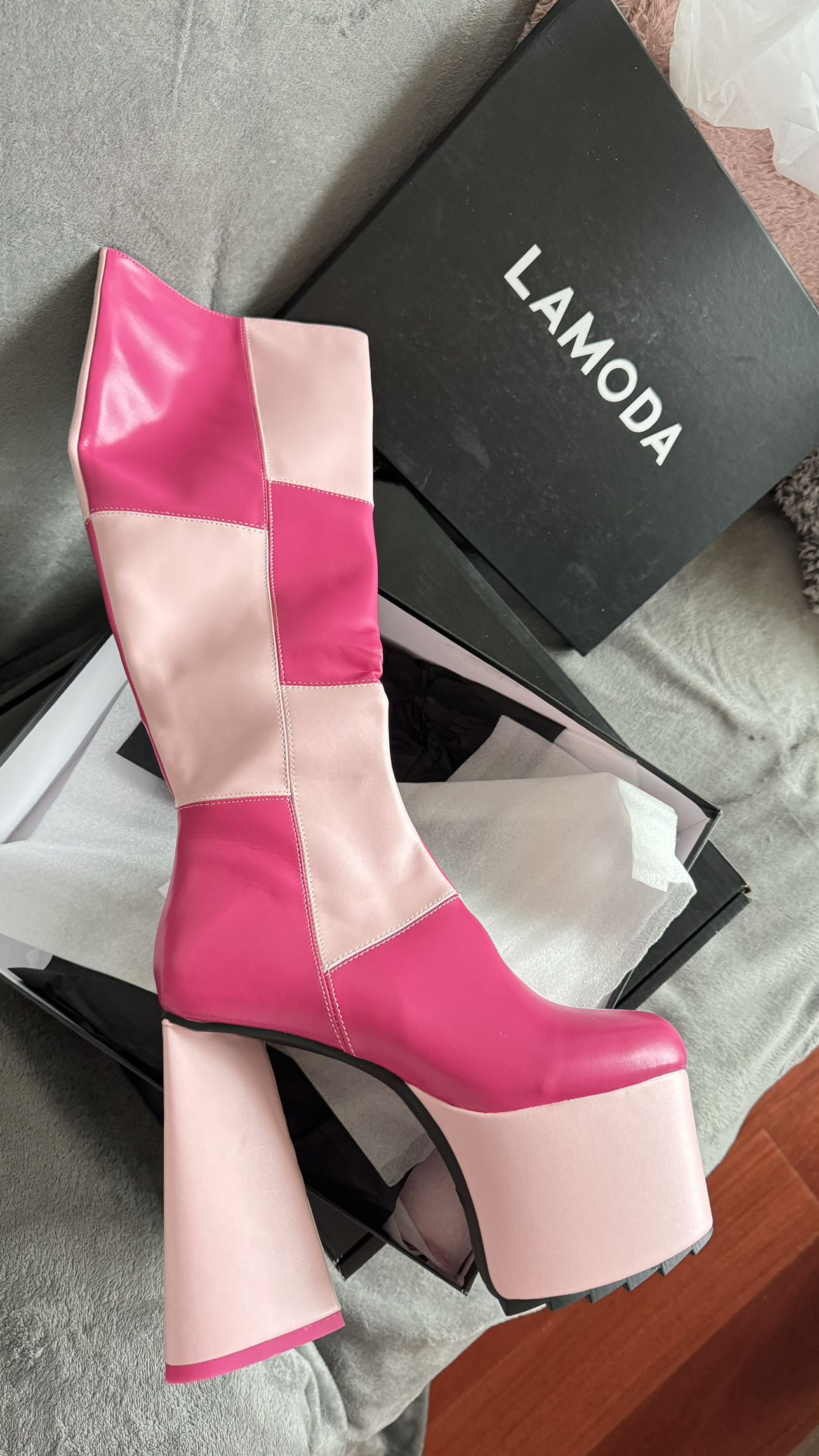 La Moda Patchwork pink knee high boots
