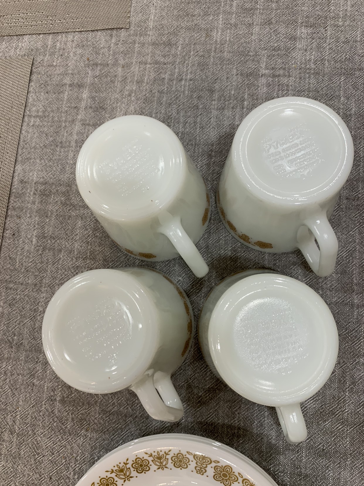 4 Pyrex Gold Butterfly Mugs & Small Plates image indicator(9)