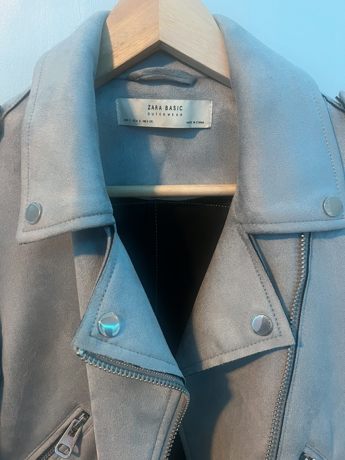 light blue faux suede texture moto style jacket image indicator(3)