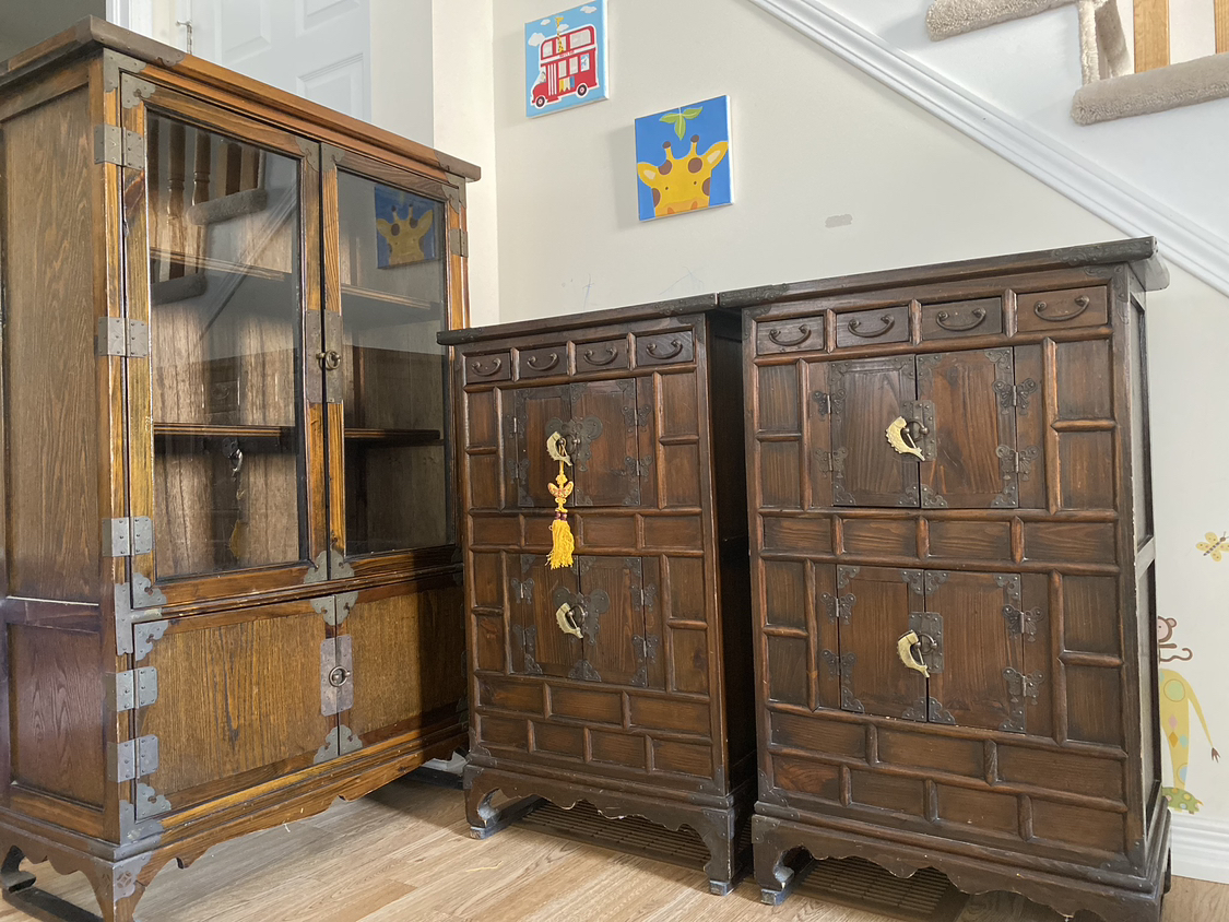 Asian antique style accent cabinet 3 sets thumbnail