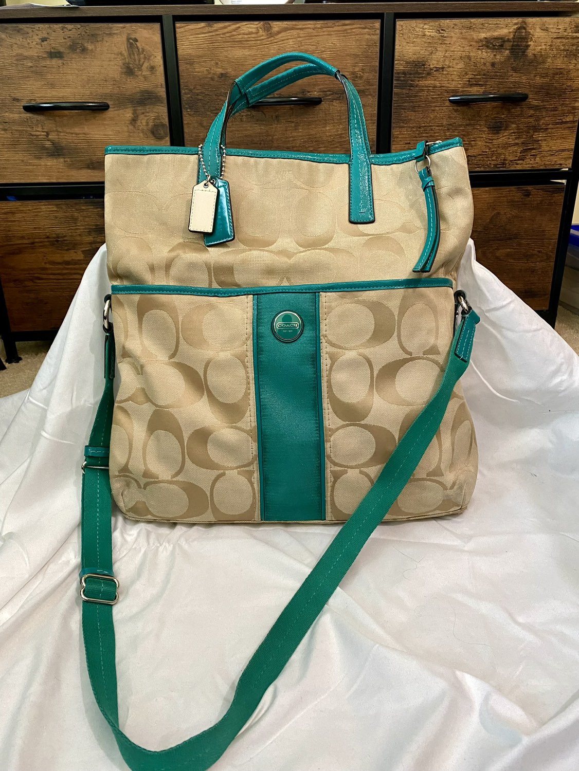 COACH Signature Stripe Foldover Tote - Khaki & Green