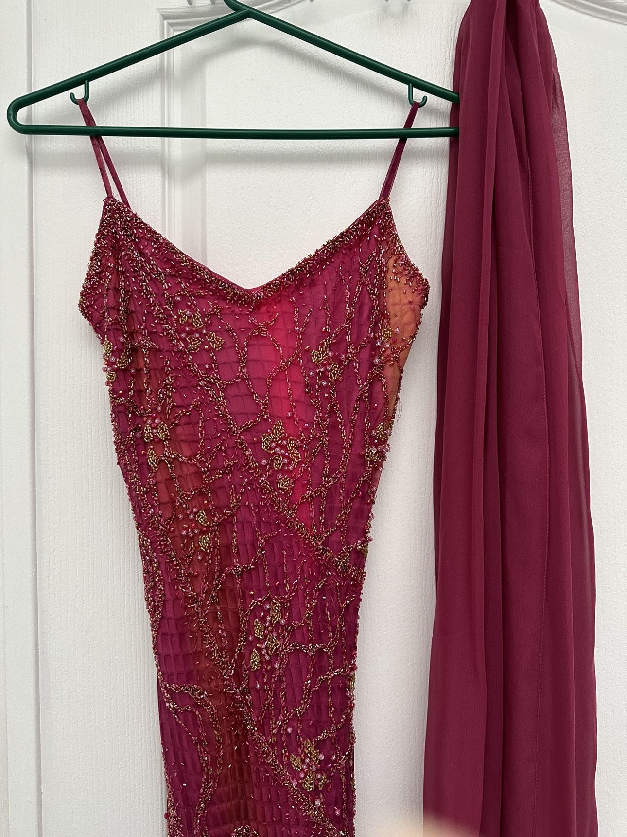 Fuchsia colour beaded chiffon evening long dress w/shawl image indicator(3)