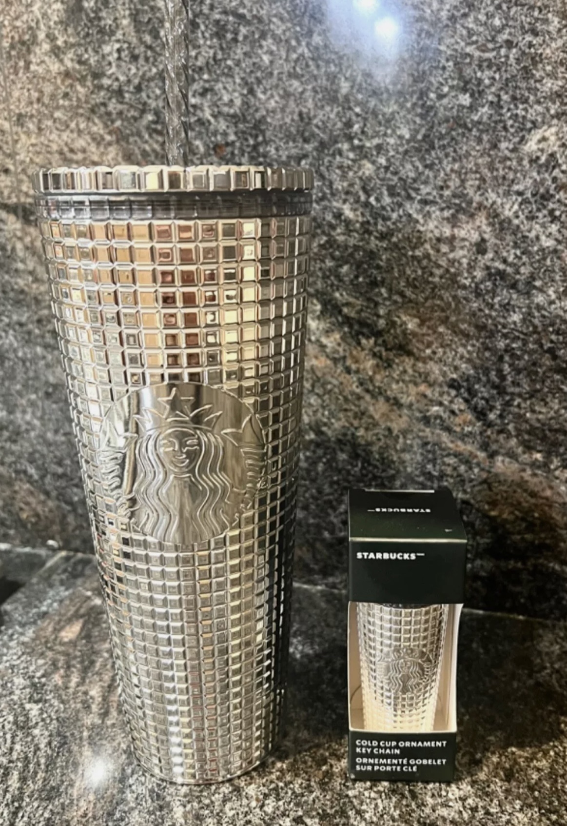 New Starbucks Winter 2023 Holiday Silver Grid Tumbler & Ornament
