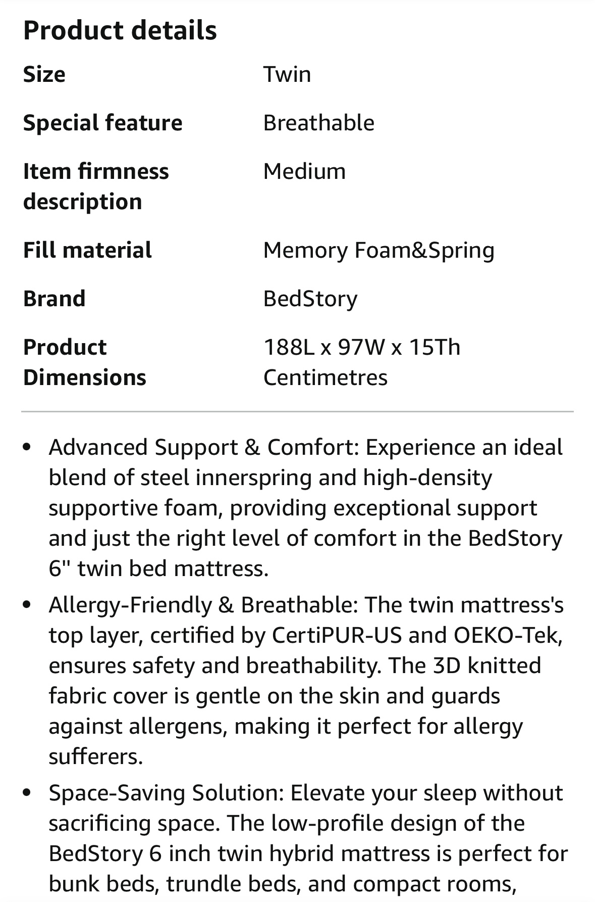 BedStory Twin Mattress 6 inch Nov2023 purchase - photo 2