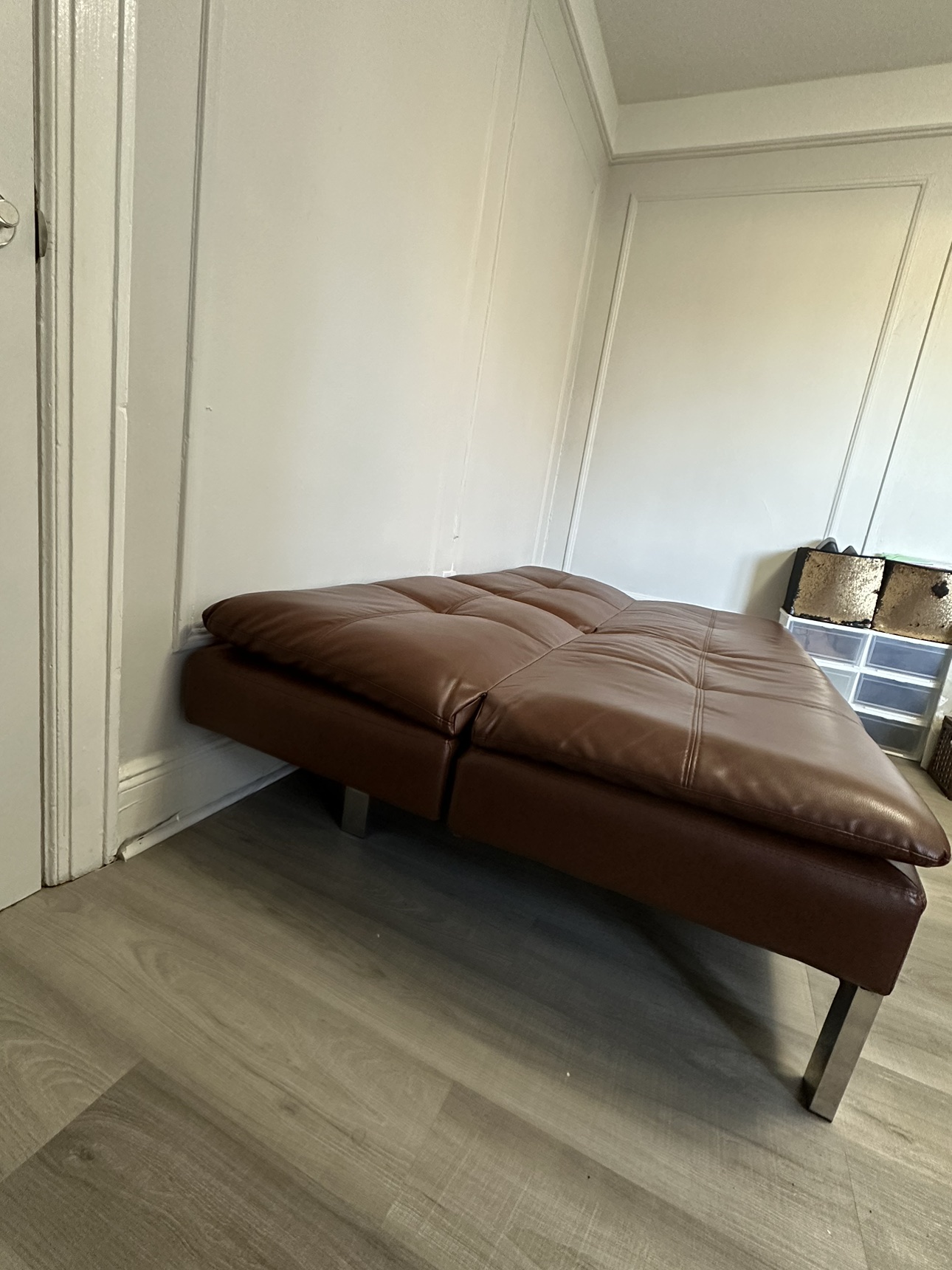 Moving sale: Brown Faux Leather Futon Convertible Sofa - photo 4