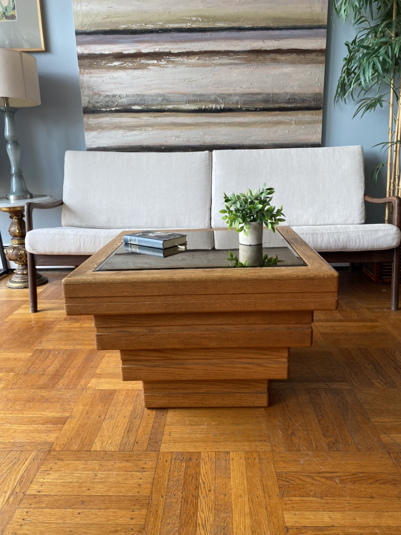Vintage Oak Stack Coffee Table with Mirror Glass Top thumbnail