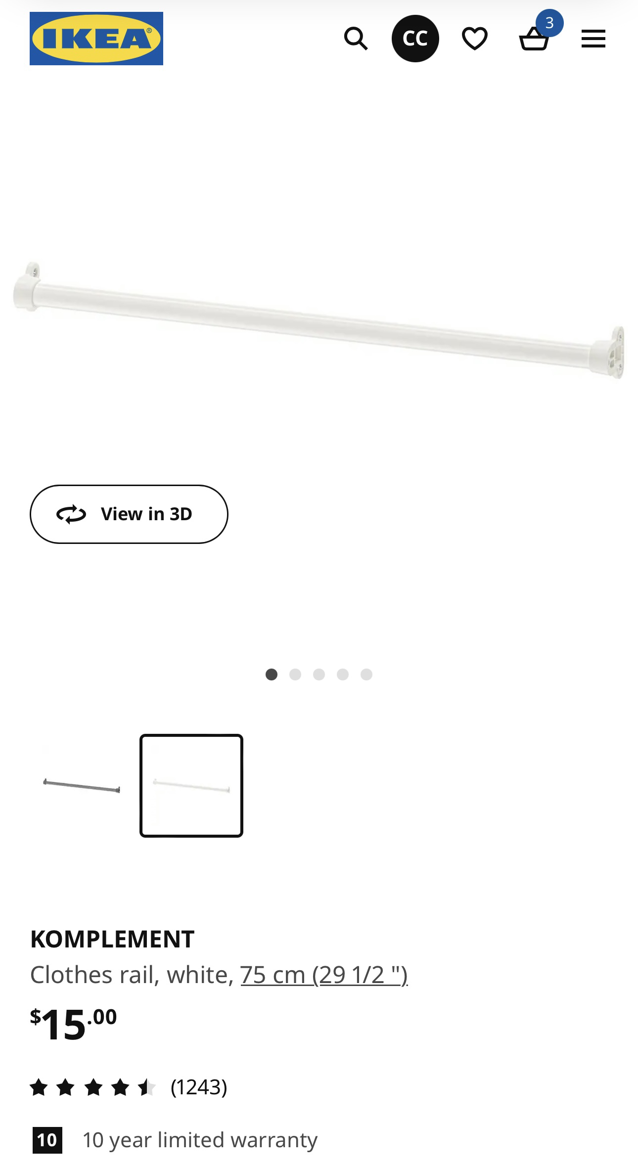 Komplement clothing rod 75cm -ikea x2