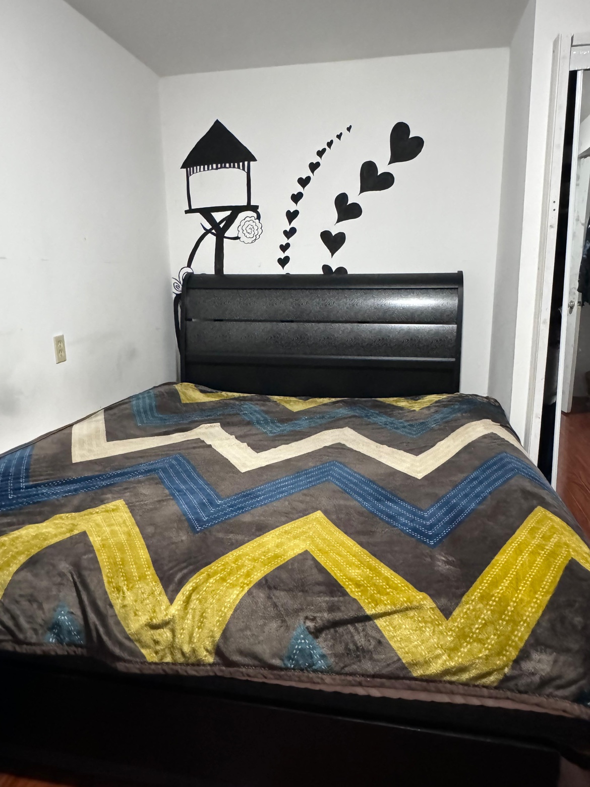 Queen size bed frame with mattress and head board