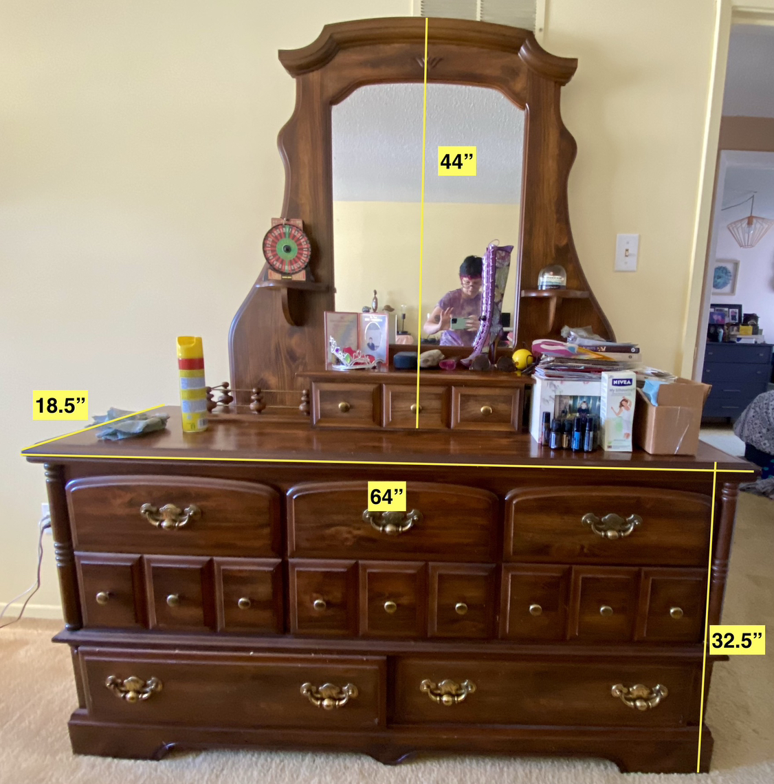 Vintage Real Wood 8-Drawer Dresser with Mirror