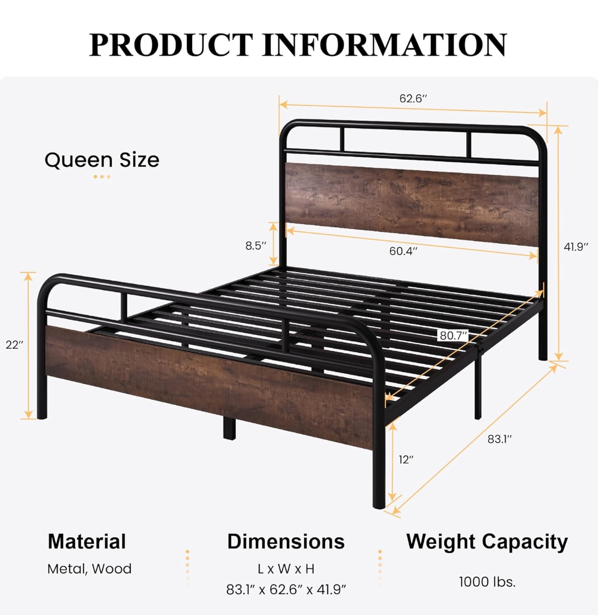 Queen black metal and wood bed (FRAME ONLY) - photo 3