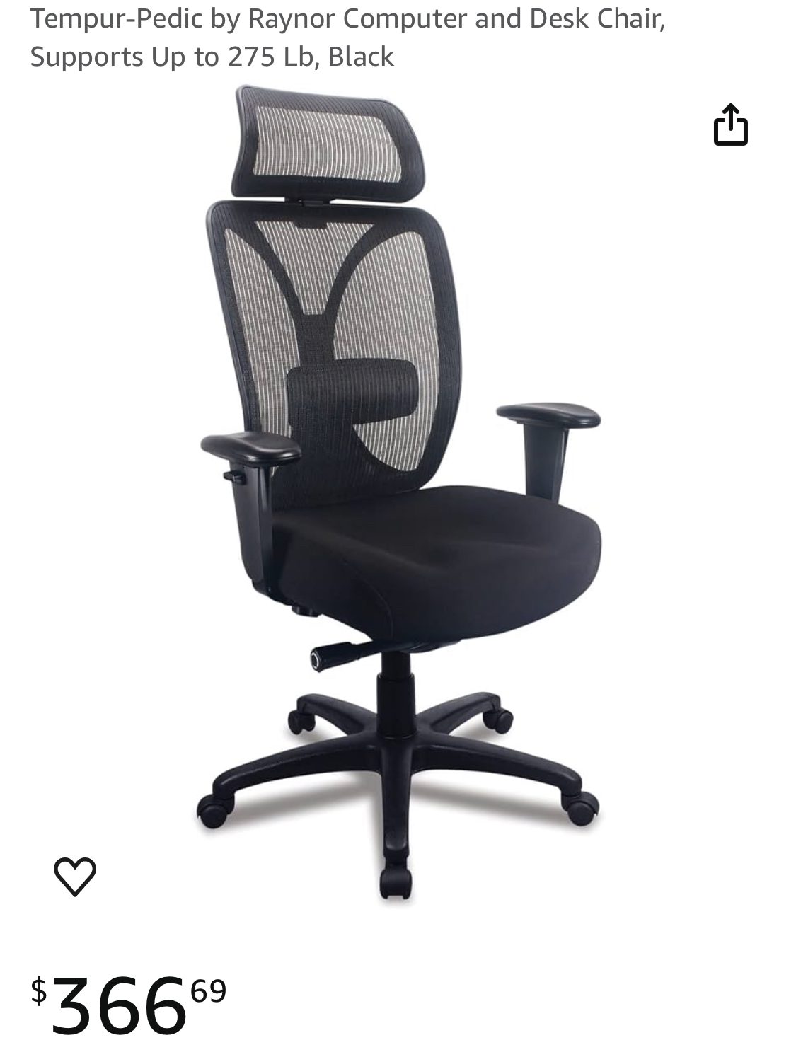 Tempur-Pedic Mesh Back Fabric Computer and Desk Chair, Black