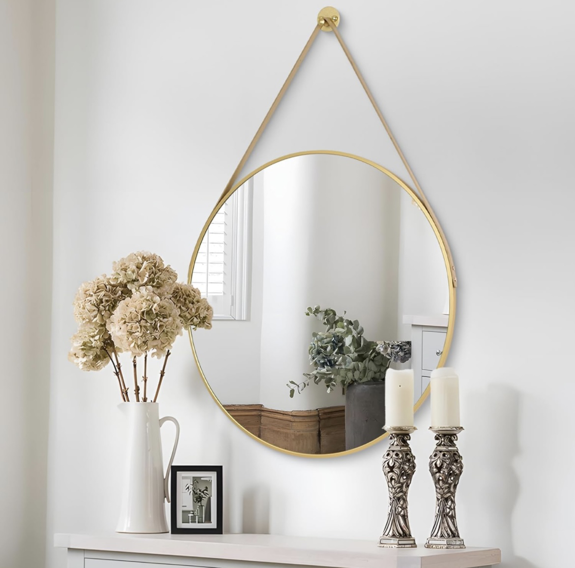 Round hanging mirror with leather strap