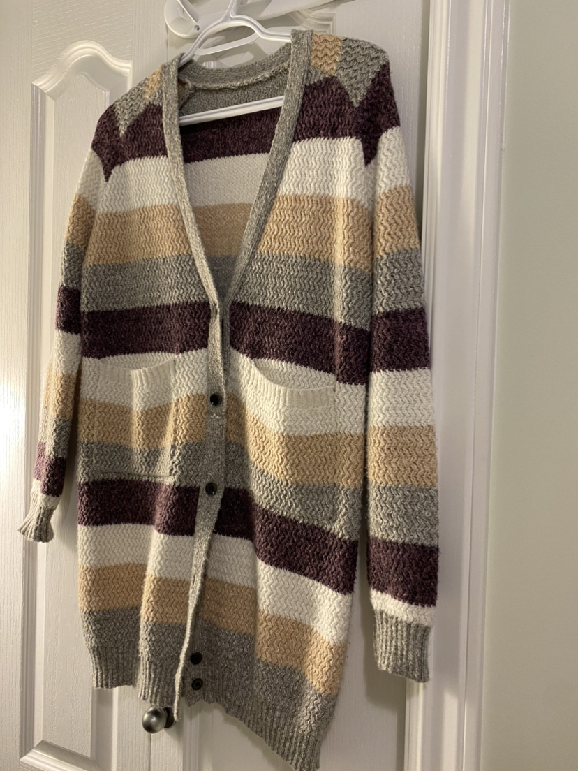 Dual Pocket Striped Pattern Wool Cardigan