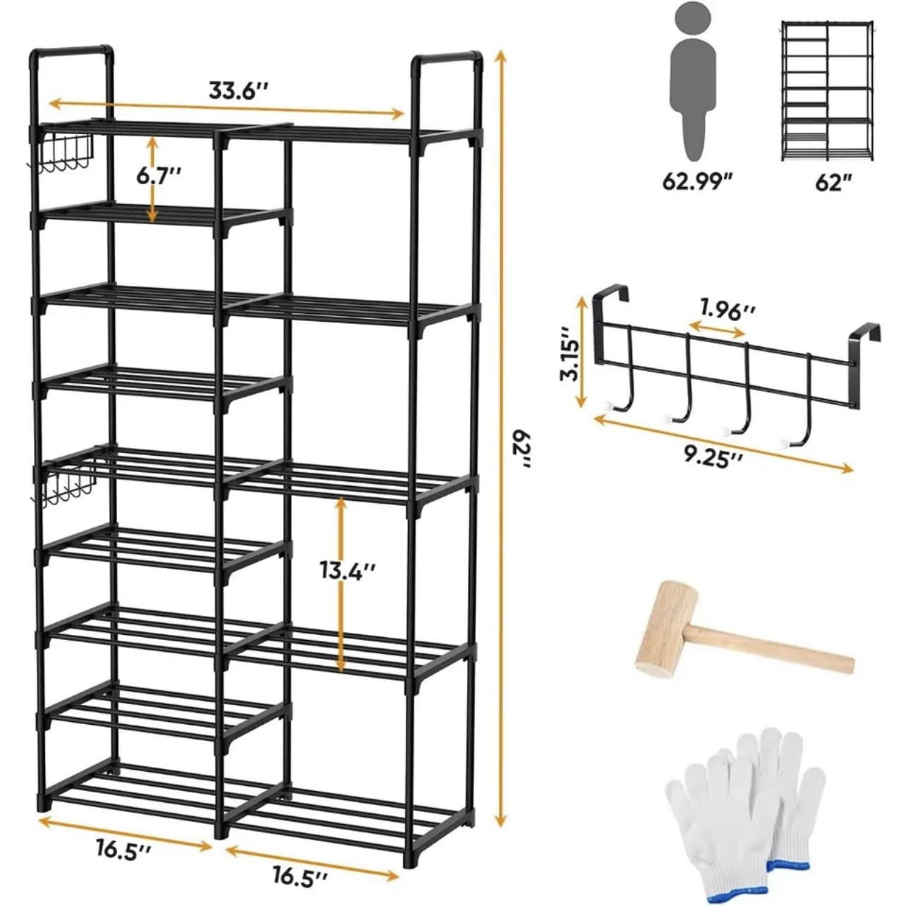 XJJX 9-Tier Shoe Rack Organizer, 28 Pairs Metal Shoe Rack - photo 2