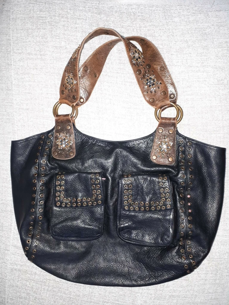 Vintage BETSEY JOHNSON Slouchy Black Leather Bag, Metal Hardware thumbnail