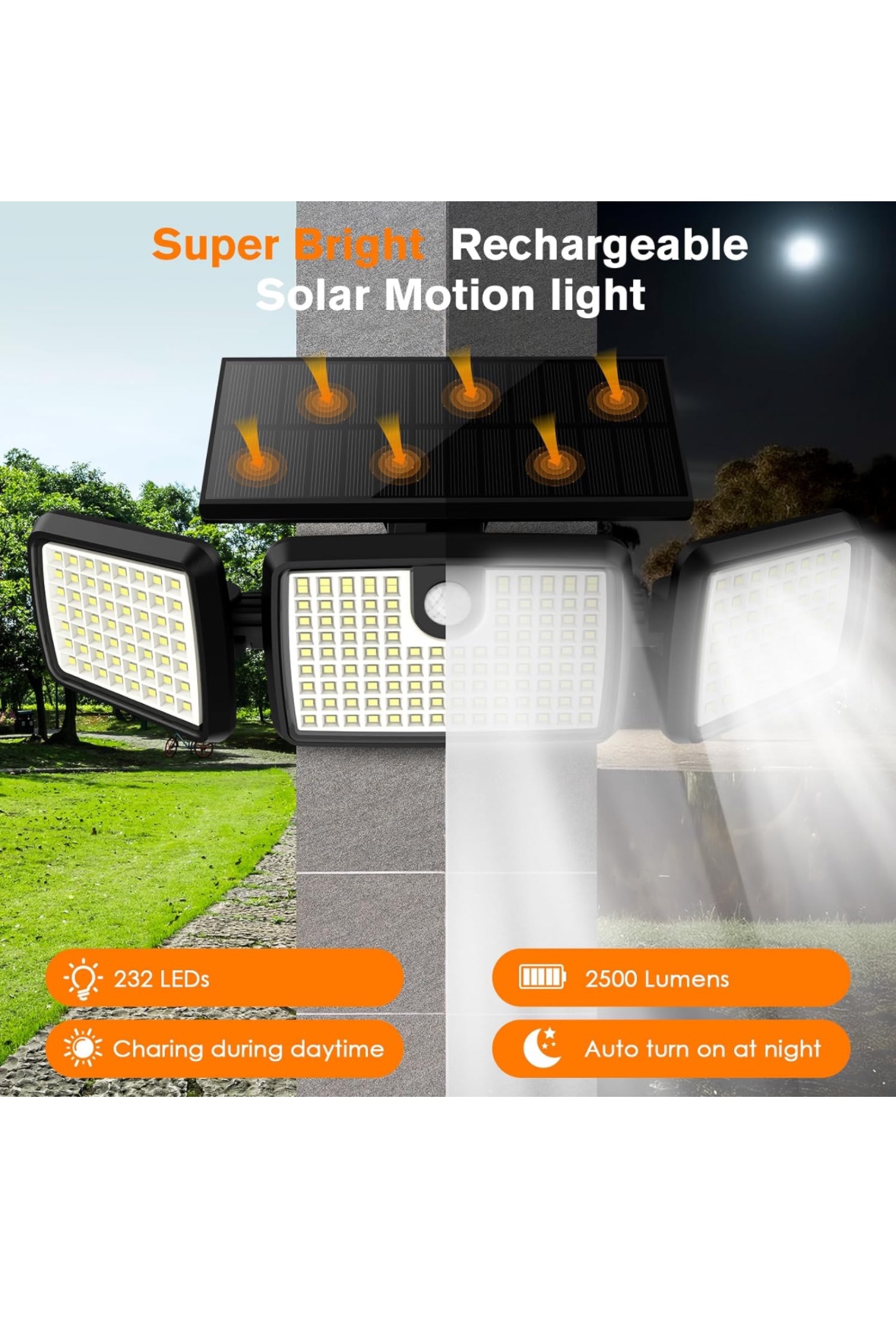 3 Head Solar Motion Lights Outdoor with 2500LM 232 LEDs High image indicator(8)