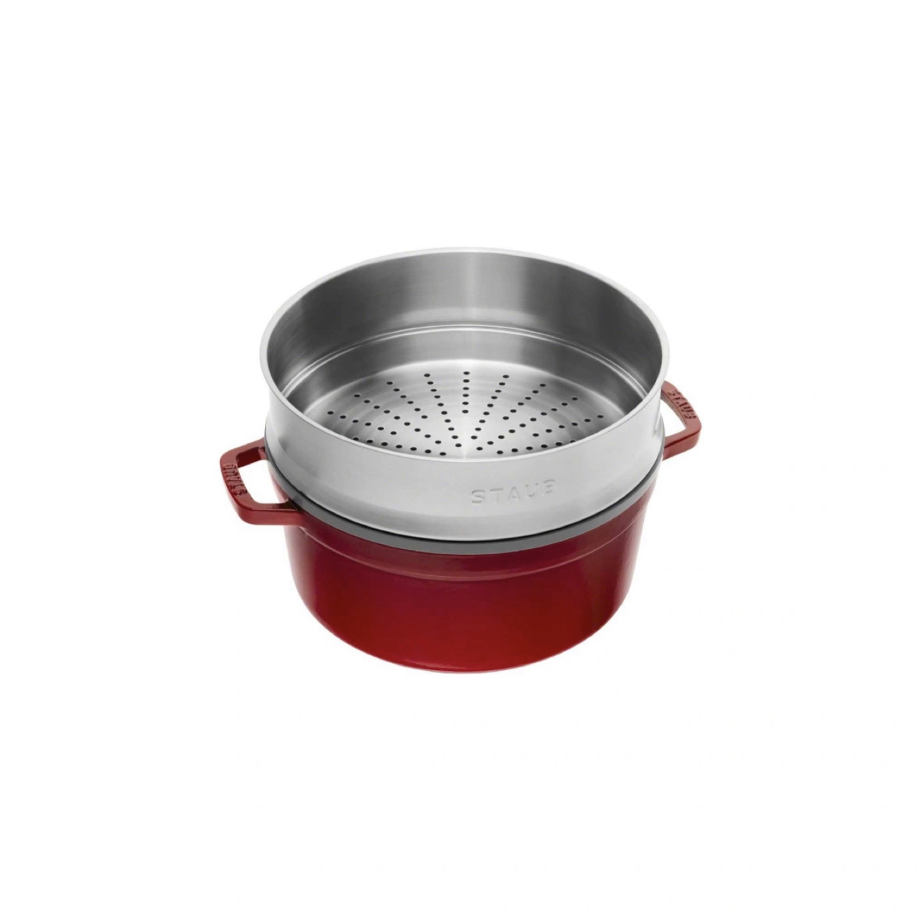 STAUB 5.5qt Red Cast Iron Round Cocotte With Steamer - photo 2