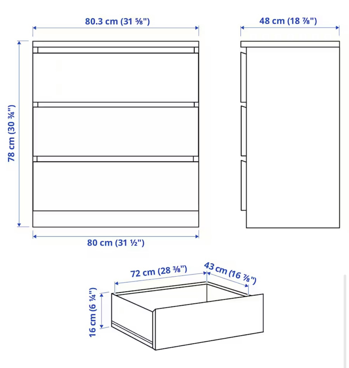 Ikea - MALM 3-drawer chest, white, 80x78 cm (31 1/2x30 3/4 ") - photo 3
