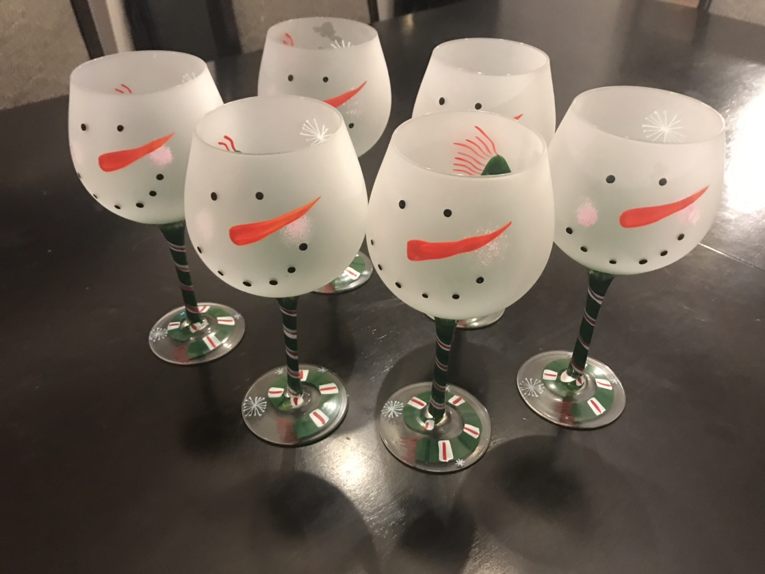 Christmas hand painted snowman wine glasses from Pier One. . thumbnail