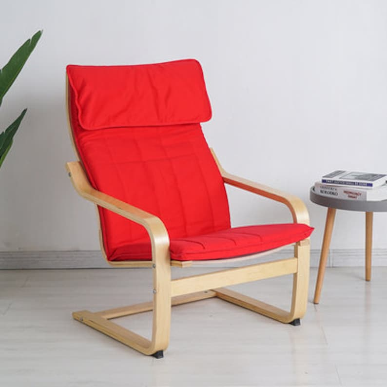 Ikea poang, red fabric, pine