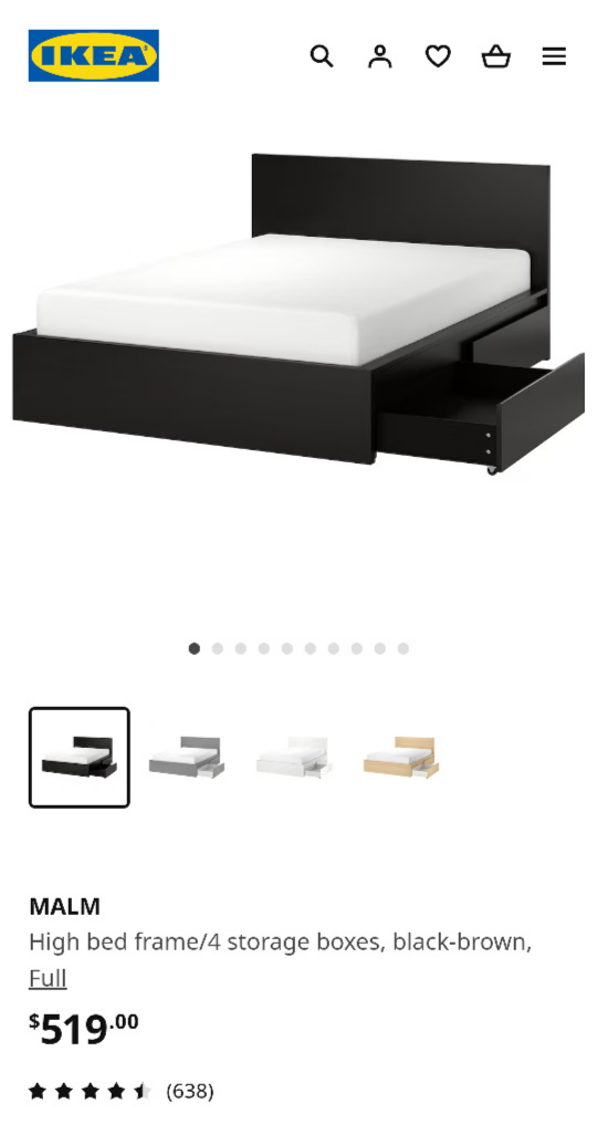 Ikea MALMHigh bed frame queen size/4 storage boxes, black-brown thumbnail