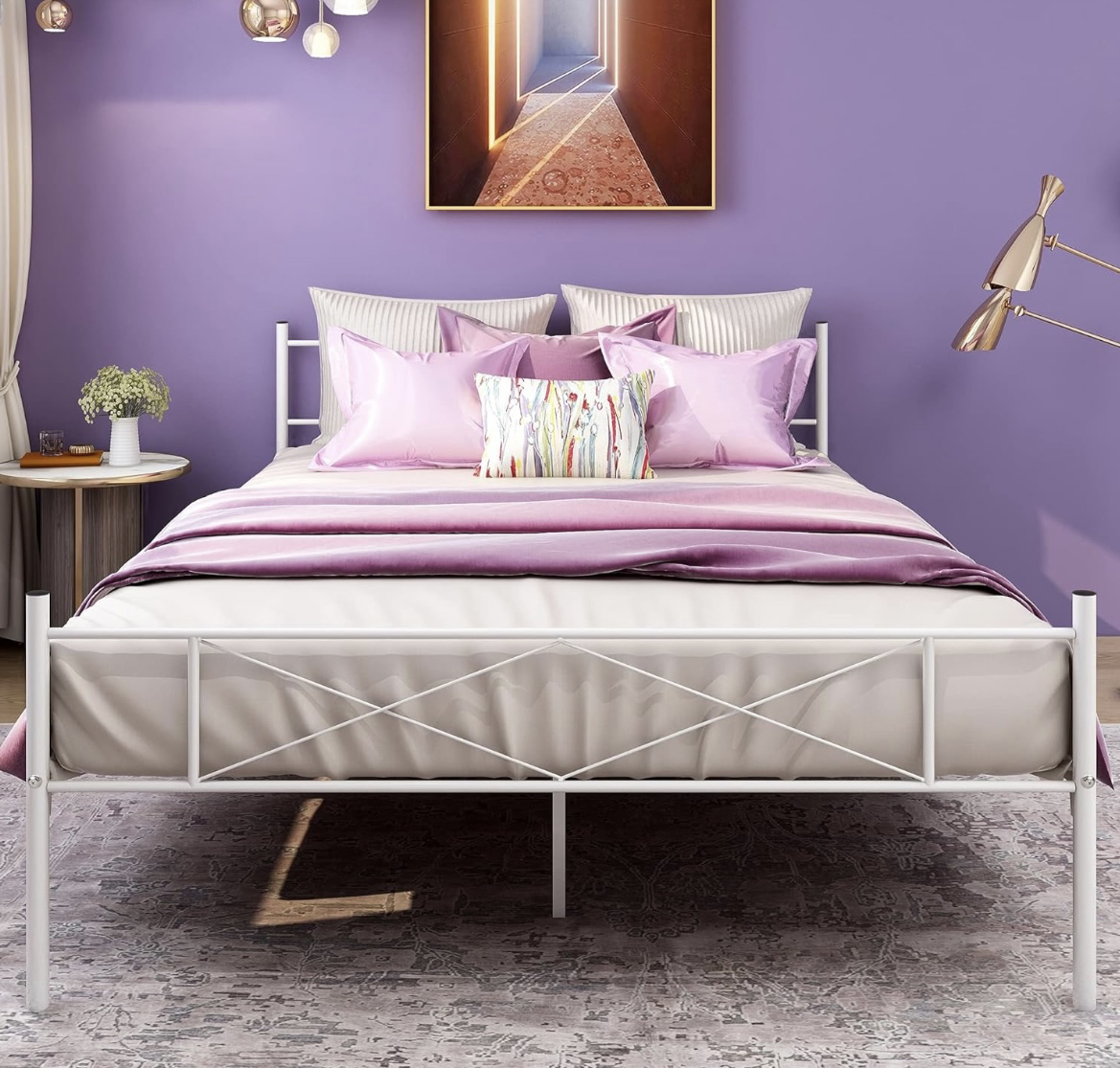Metal Bed Frame (White, Queen)