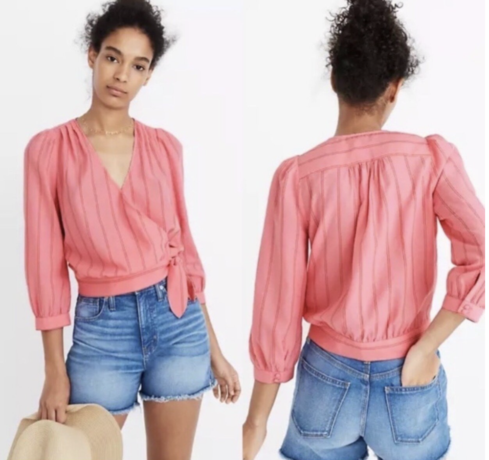 Madewell Pink Cecilia Striped Wrap Top size XS thumbnail