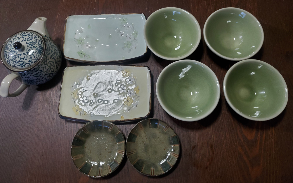 Japanese celadon bowls, plates and tea pots