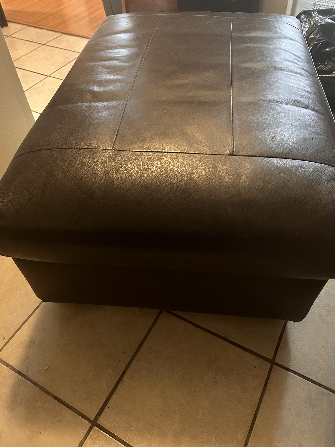IKEA black leather ottoman with storage thumbnail