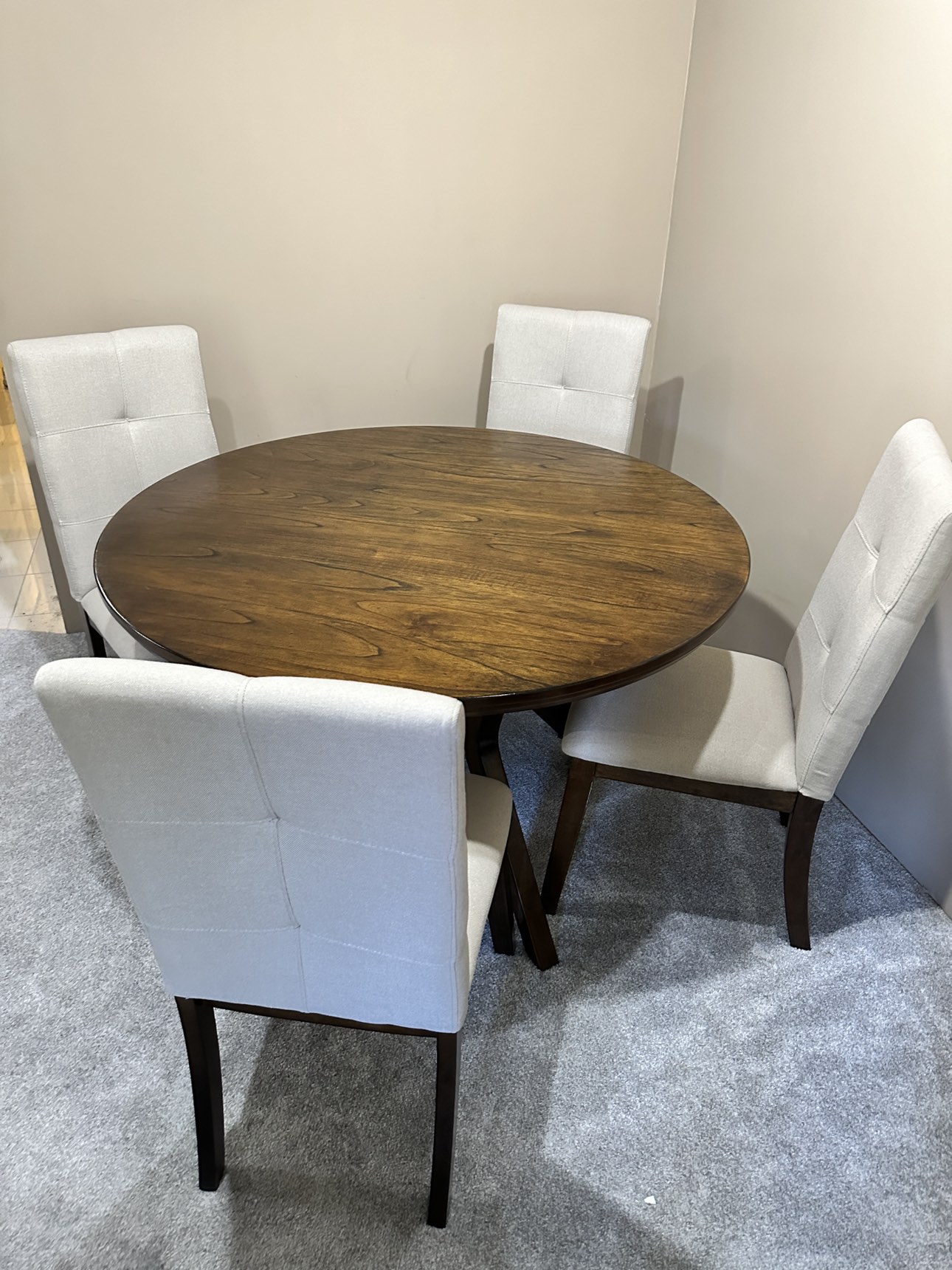 Chelsea Walnut Wooden Round Dining Table with 4 Beige Chairs - photo 4