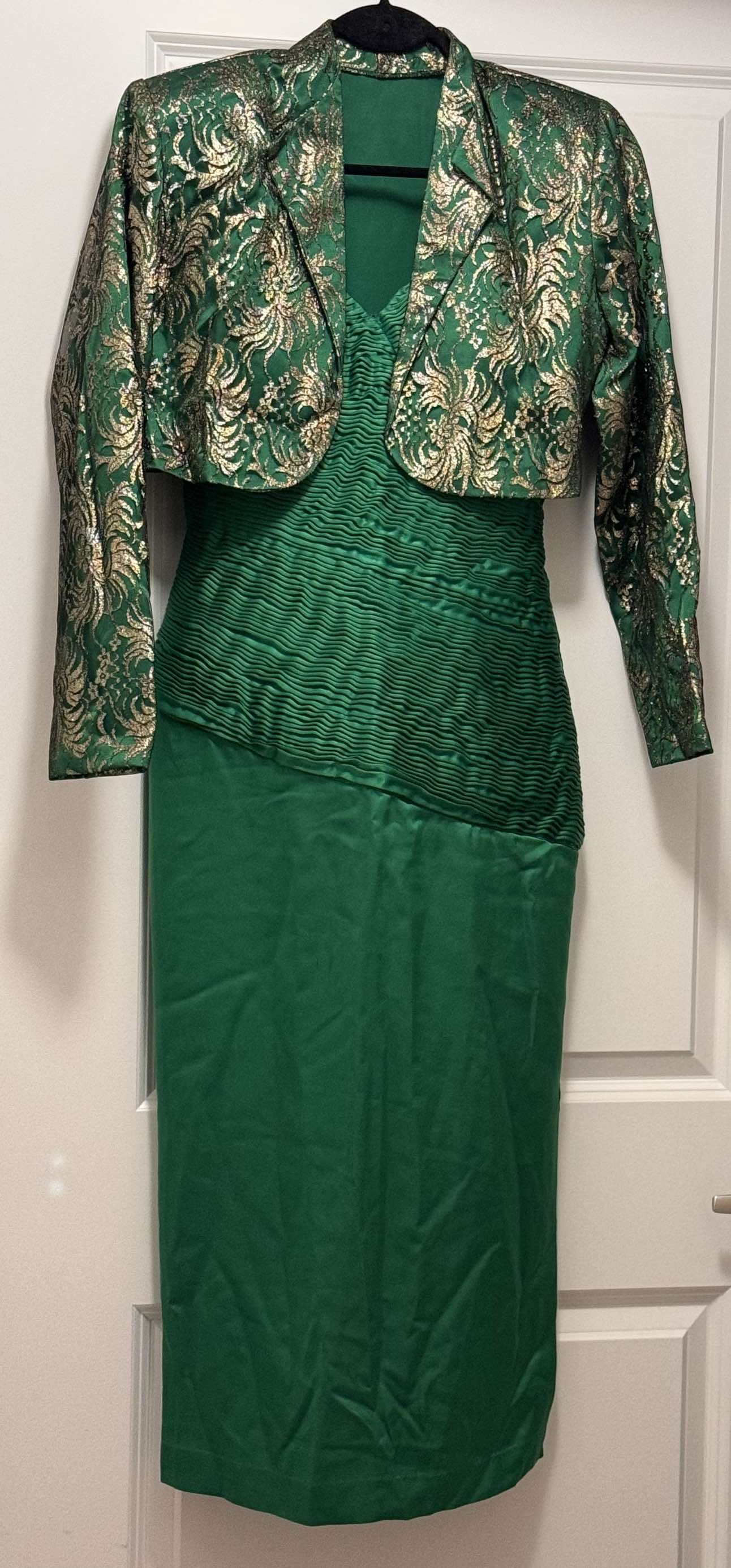 Green Sateen dress with gold lace short jacket