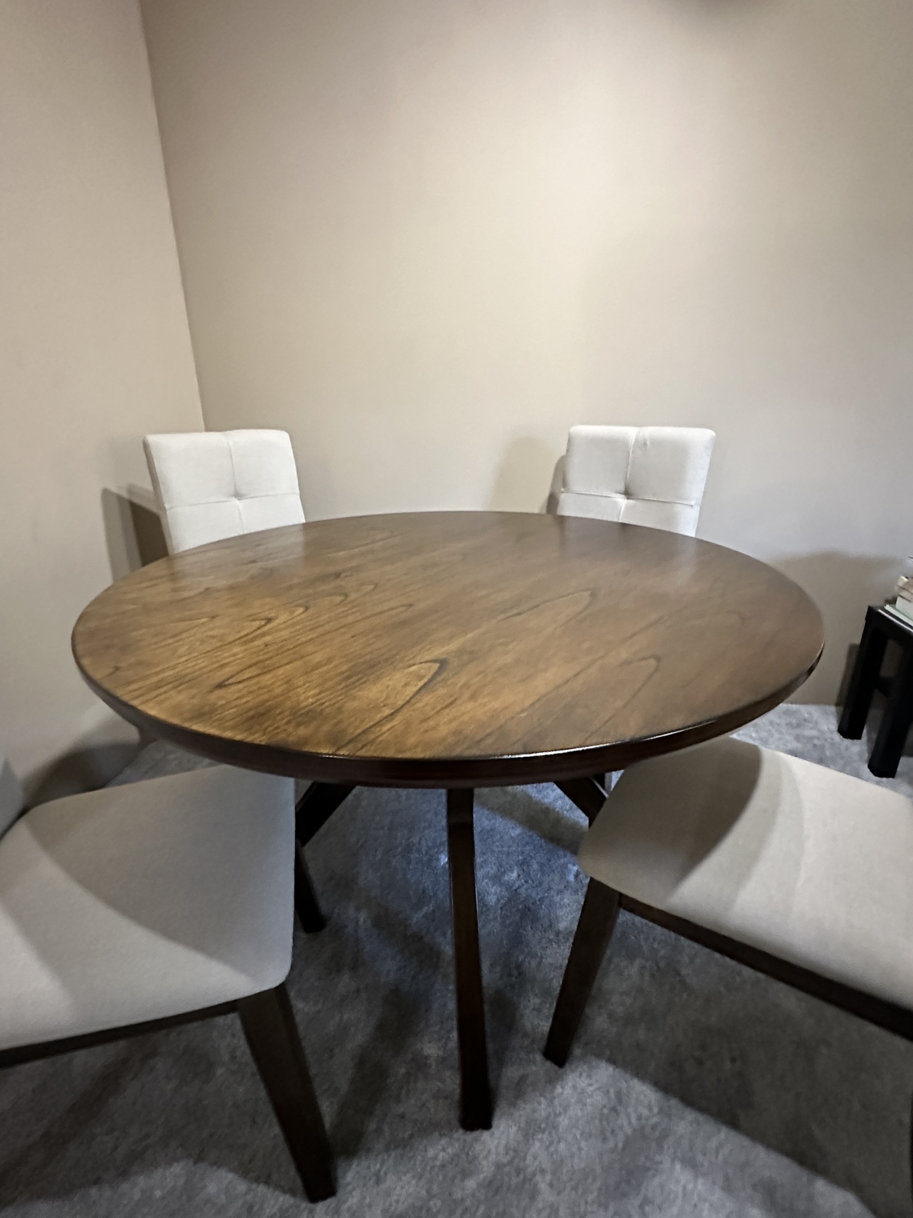 Chelsea Walnut Wooden Round Dining Table with 4 Beige Chairs - photo 5
