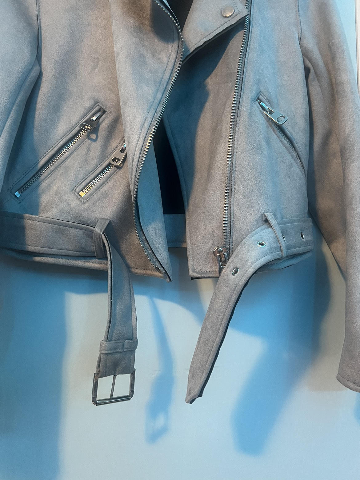 light blue faux suede texture moto style jacket image indicator(4)