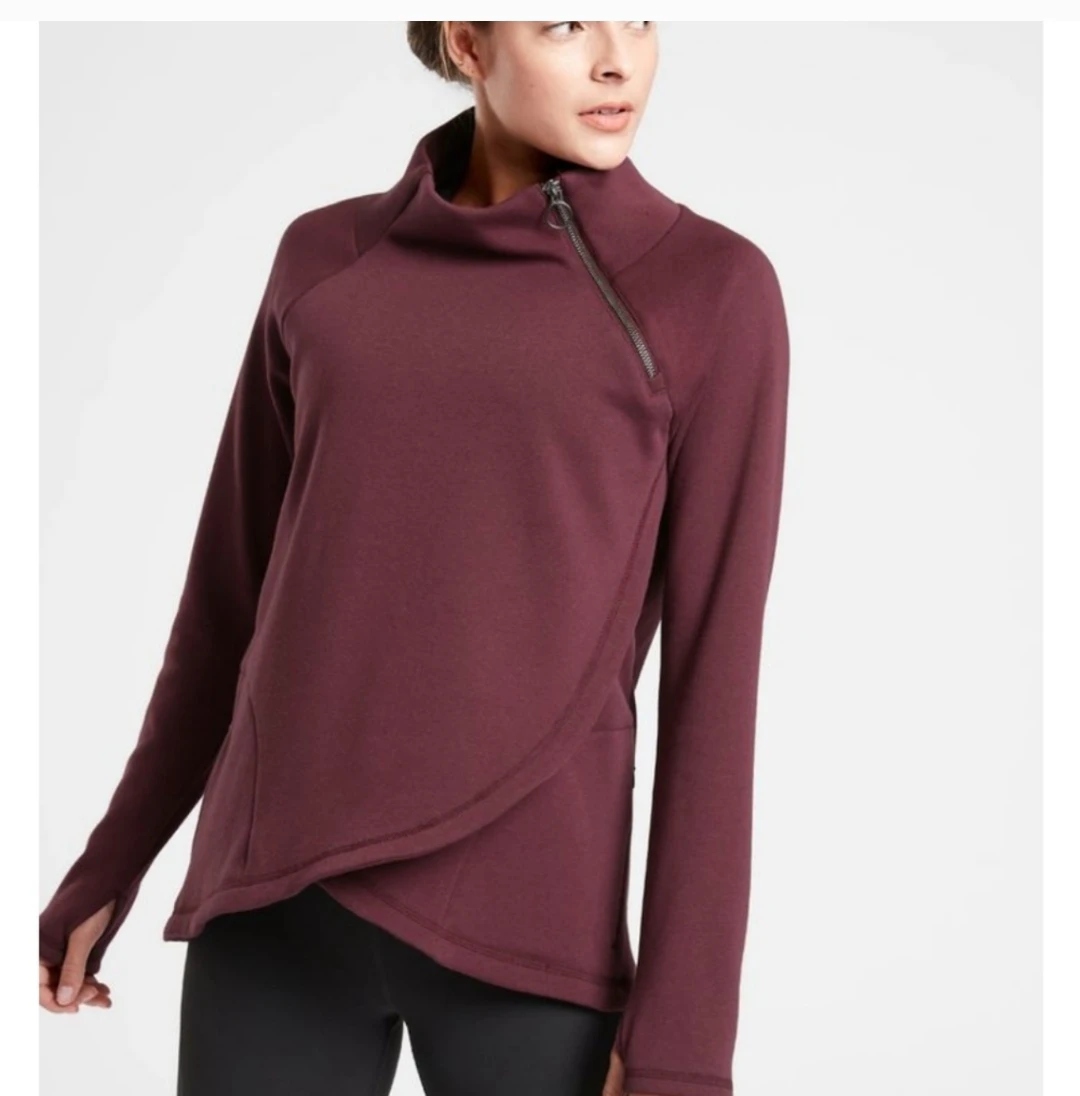 Athleta cozy Karma asym pullover decadent chocolate burgundy thumbnail