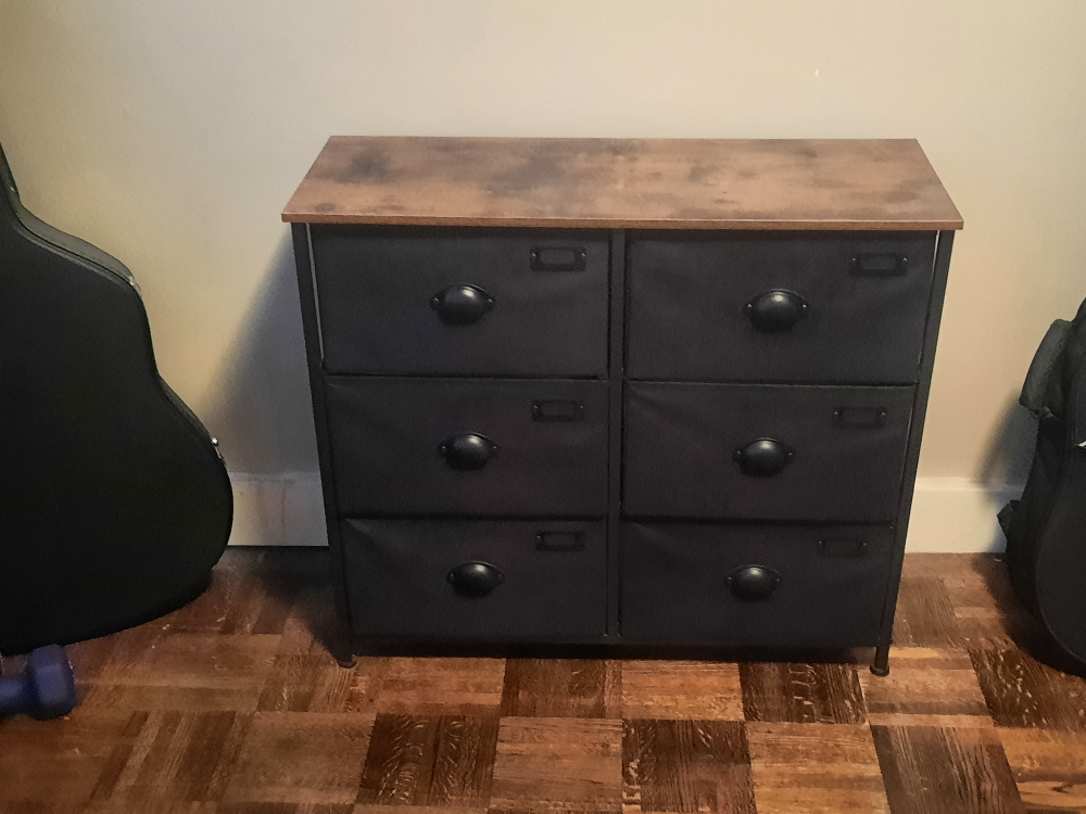 Fabric drawer dresser with wooden top