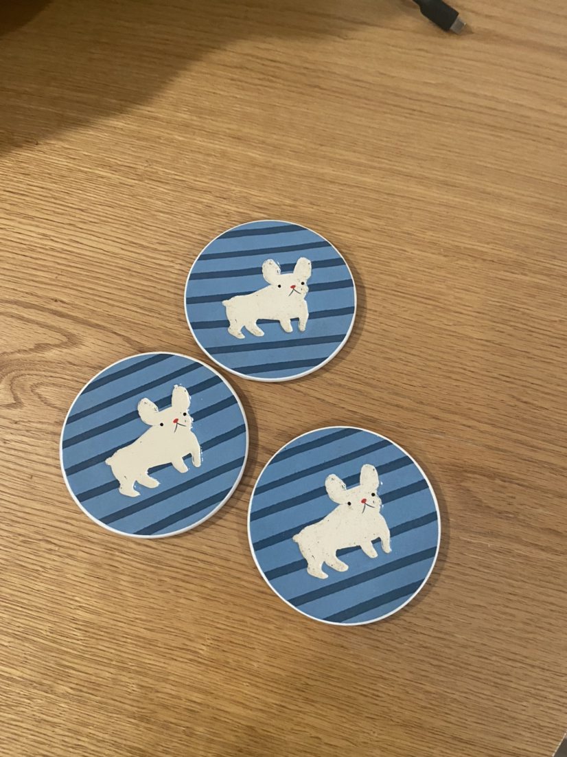 3 coasters with Frenchie design