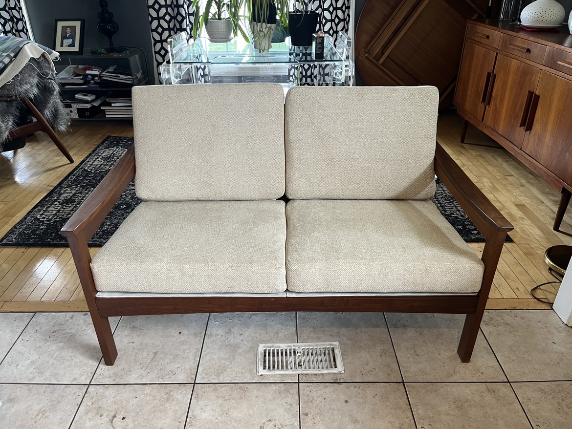Mid century modern Danish Teak love seat thumbnail