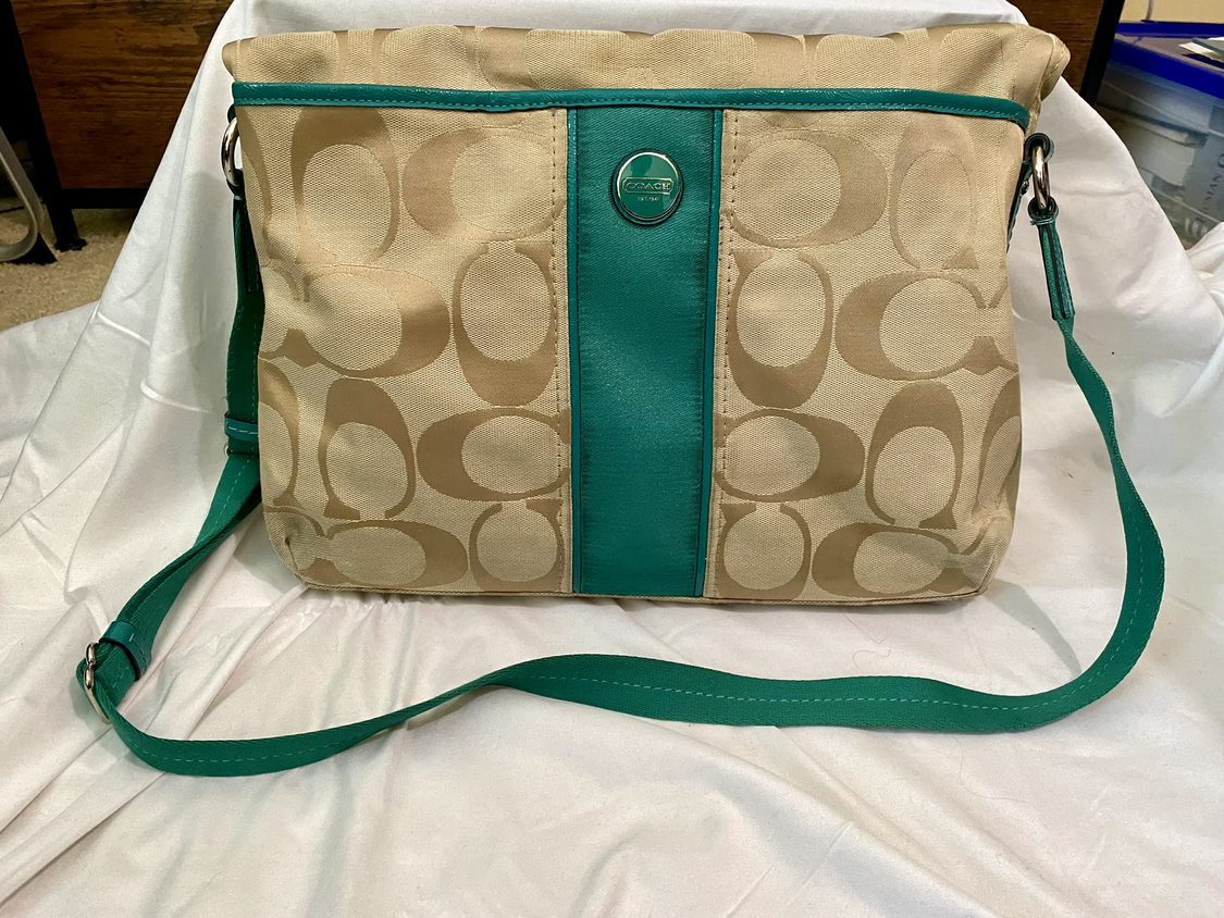 COACH Signature Stripe Foldover Tote - Khaki & Green - photo 3