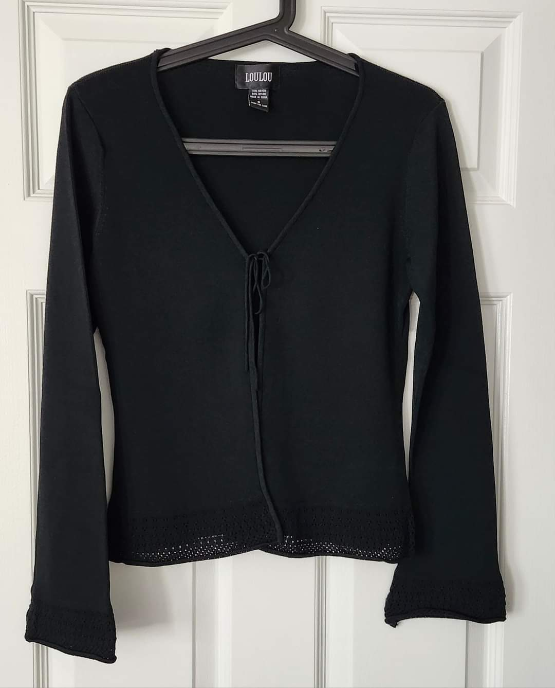 Black Buttonless CARDIGAN with ties at front & Lace. #S.